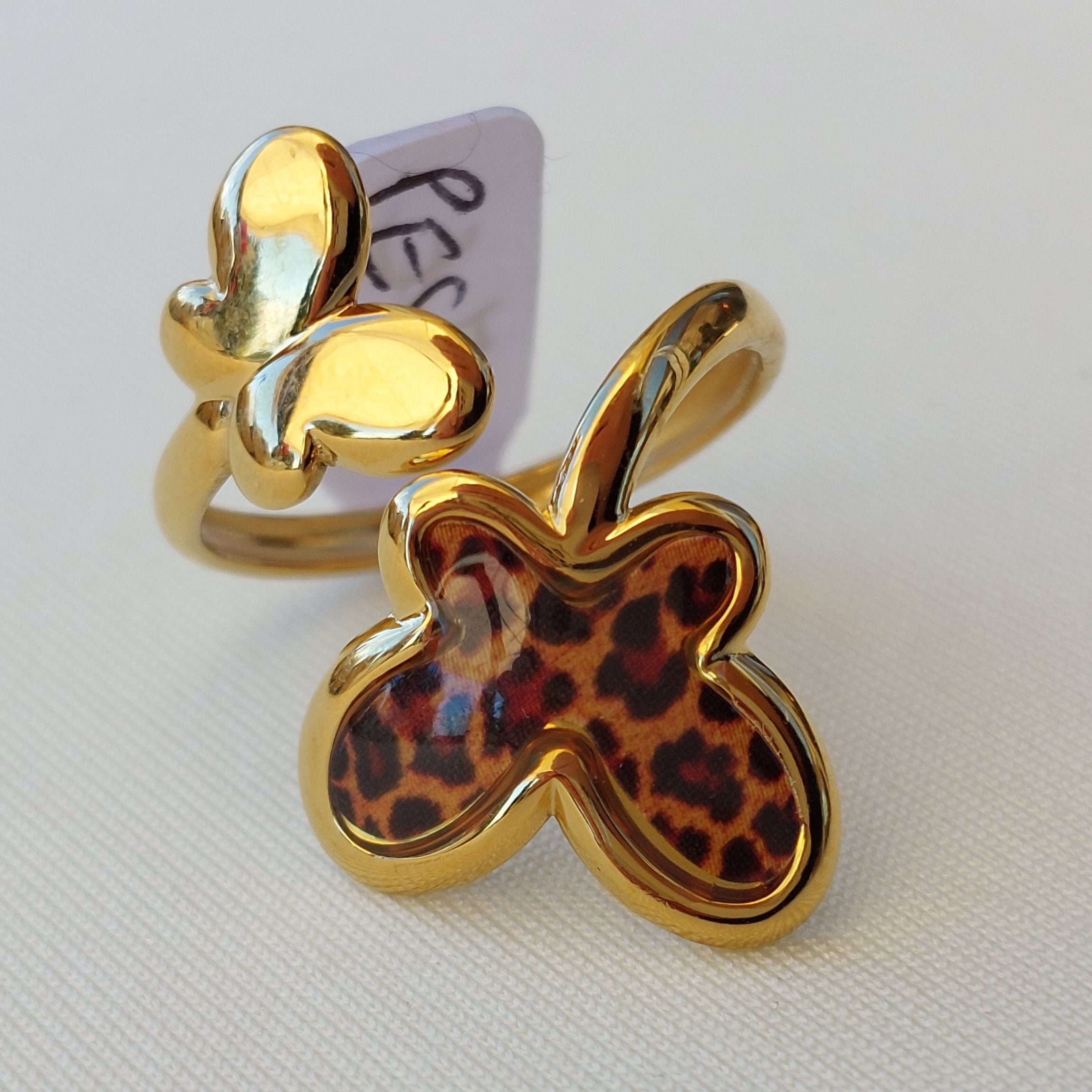 Bague Peso Dorée Réglable Acier Inoxydable Double Papillon Motif Léopard