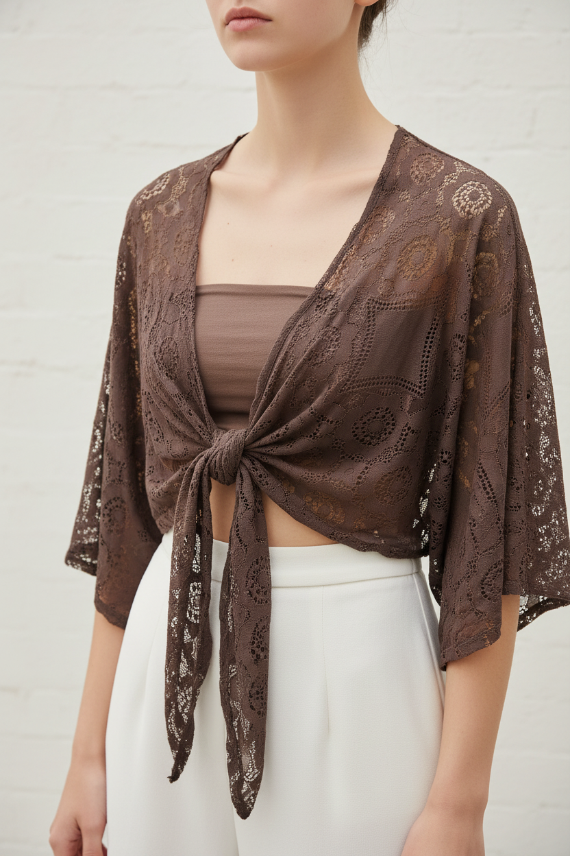 Boléro Kimono Victor — Dentelle Stretch À Nouer Manches Chauve-Souris Made in Italy