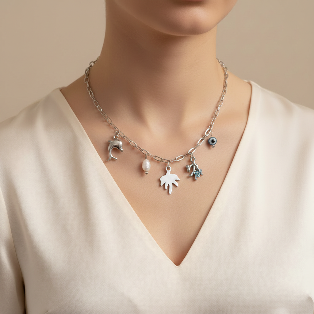 Collier Isin – Chaîne Acier Inoxydable & Charm's Dauphin Corail Palmier