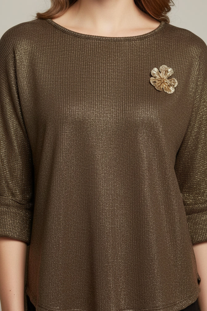 Top Femme Atex Maille Irisée - Col Rond Broche Feuille Dorée ML