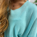 Pull MIREILLE bleu lagon col V oversized modal acrylique femme, best-seller ineva