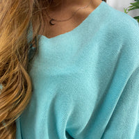 Pull MIREILLE bleu lagon col V oversized modal acrylique femme, best-seller ineva
